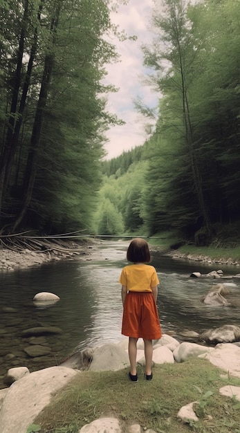 una ragazza con un vestito giallo si trova in un fiume con un fiume sullo sfondo.