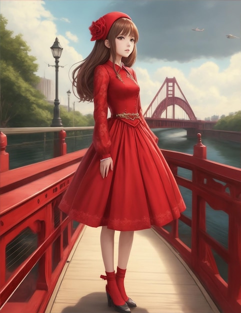 Una ragazza con un vestito rosso in piedi su un ponte da Generative AI