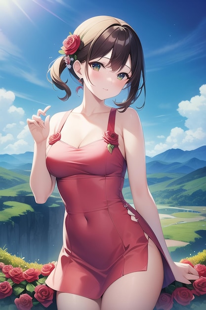 Una ragazza con un vestito rosso si trova di fronte a una montagna.