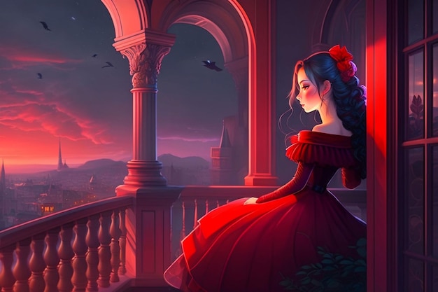 Una ragazza con un vestito rosso si trova su un balcone e guarda un paesaggio con una montagna e una luna sullo sfondo.