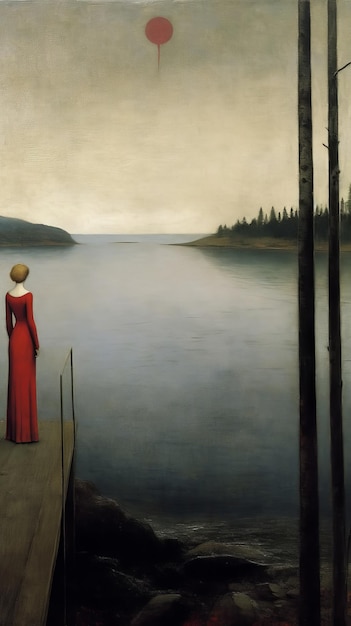 Una ragazza con un vestito rosso si trova sulla riva di un lago
