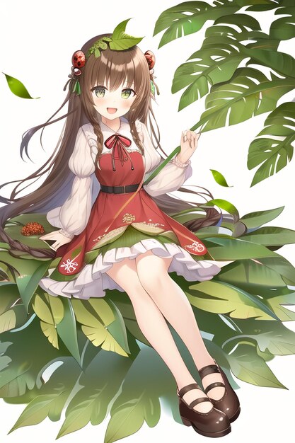Una ragazza con un vestito rosso siede su una pianta frondosa.