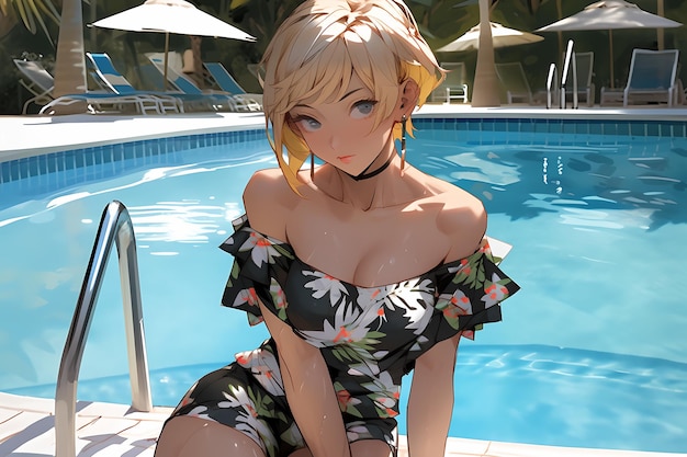Una ragazza con un vestito si siede a bordo piscina