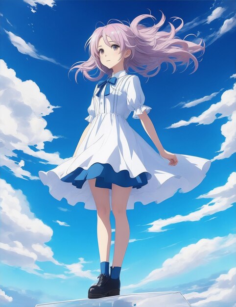 Una ragazza con un vestito si trova di fronte a un cielo blu con nuvole AI generativa