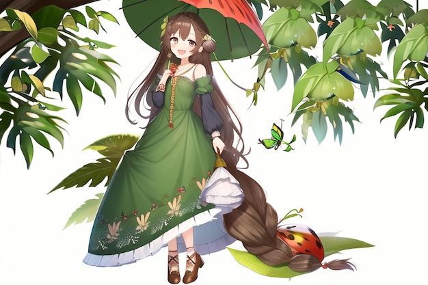 Una ragazza con un vestito verde e un ombrello è in piedi nella foresta.
