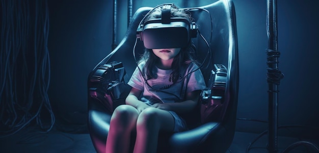 Una ragazza con un visore VR siede in una stanza buia.