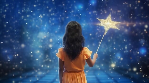 una ragazza con una bacchetta magica stelle luminose aura di speranza