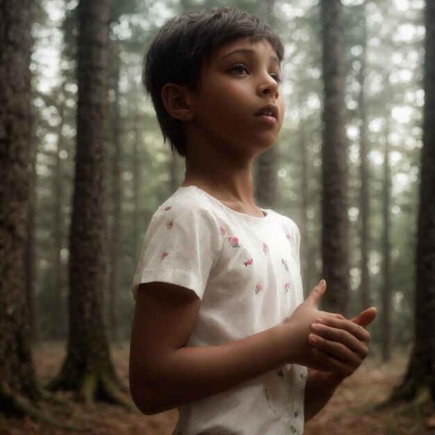 una ragazza con una camicia bianca in piedi in una foresta con alberi sullo sfondo
