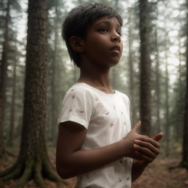 una ragazza con una camicia bianca in piedi in una foresta con alberi sullo sfondo.