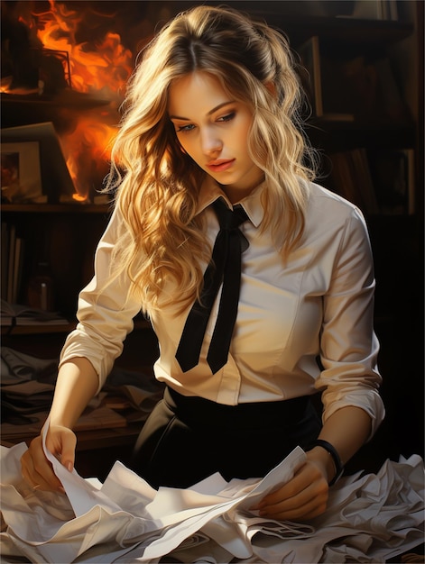 Una ragazza con una camicia bianca sta scrivendo davanti al fuoco.