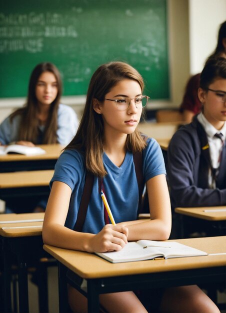 una ragazza con una camicia blu è seduta a una scrivania con una matita in mano