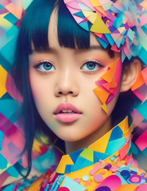 una ragazza con una carta colorata sulla testa