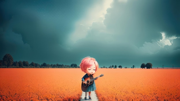 Una ragazza con una chitarra in un campo