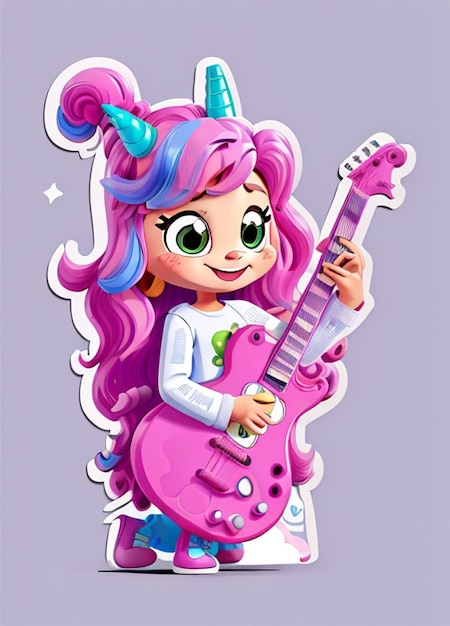 una ragazza con una chitarra rosa e la scritta Hello Kitty sulla maglietta.