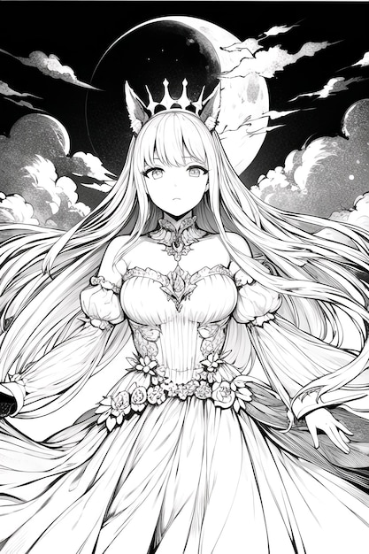 Una ragazza con una coda di volpe e una corona in testa sta davanti a una luna piena.