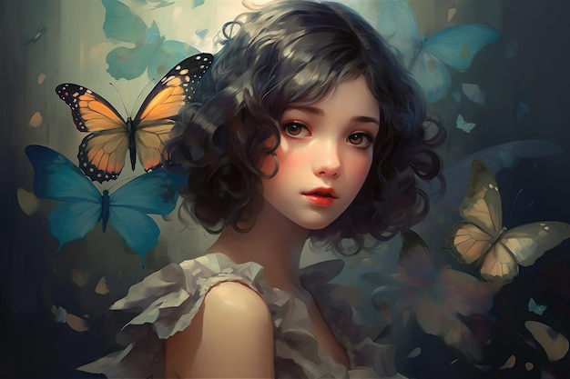 Una ragazza con una farfalla sulla spalla