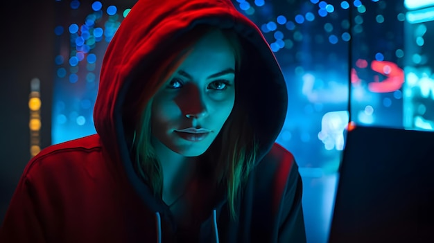 Una ragazza con una felpa con cappuccio rossa si trova di fronte a una luce blu.