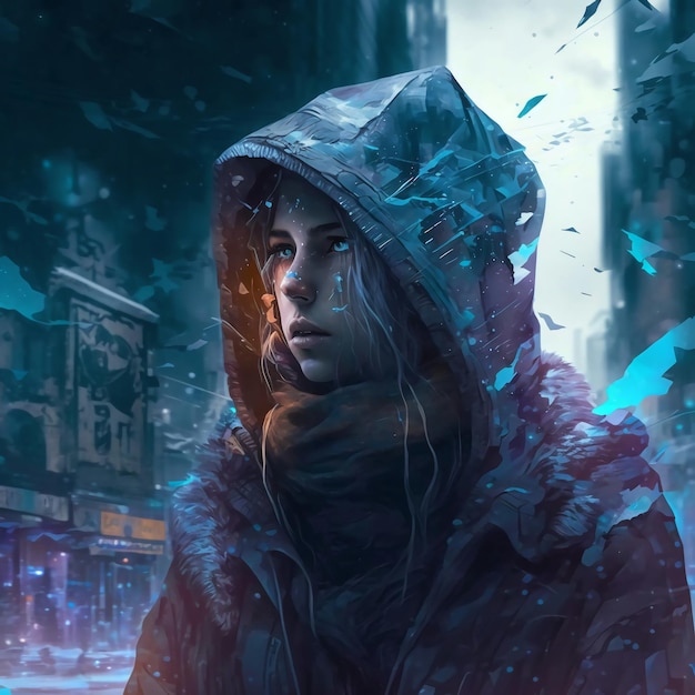 Una ragazza con una felpa con cappuccio si trova in una città buia con un cartello che dice "la città è un fantasma"