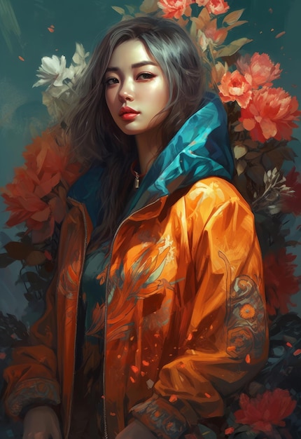 Una ragazza con una giacca arancione con fiori sul fondo