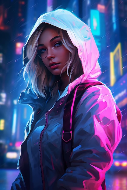 Una ragazza con una giacca di pelle nera e una luce al neon sul viso