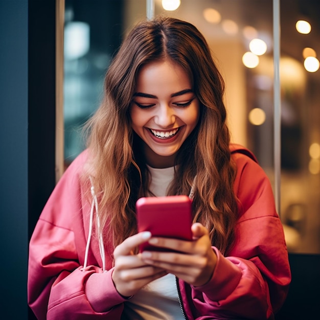 una ragazza con una giacca rosa manda messaggi al telefono e sorride