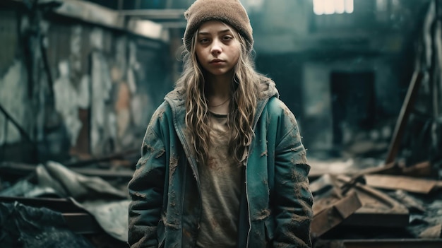 Una ragazza con una giacca sporca si trova in un edificio in rovina.