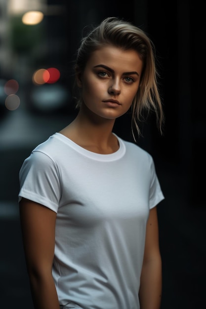 Una ragazza con una maglietta bianca si trova in strada.