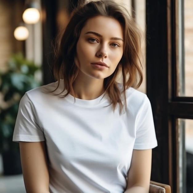 Una ragazza con una maglietta bianca siede in un caffè
