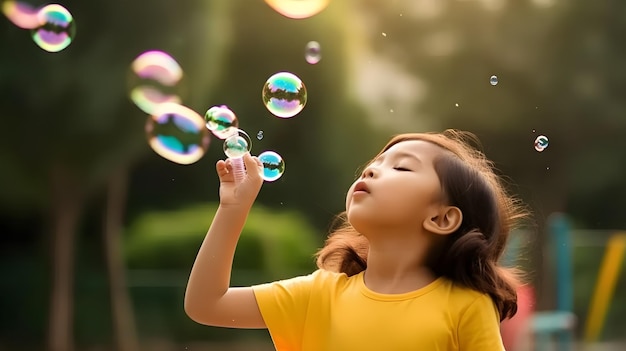 Una ragazza con una maglietta gialla gioca con le bolle di sapone.