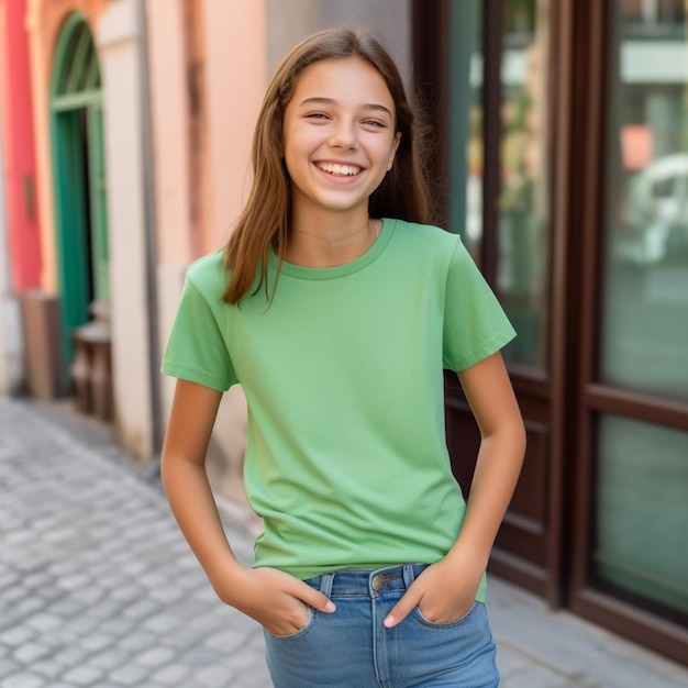 Una ragazza con una maglietta verde sorride e sorride.