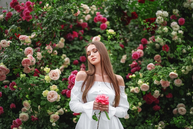 Una ragazza con una rosa in mano si erge sullo sfondo di un cespuglio fiorito