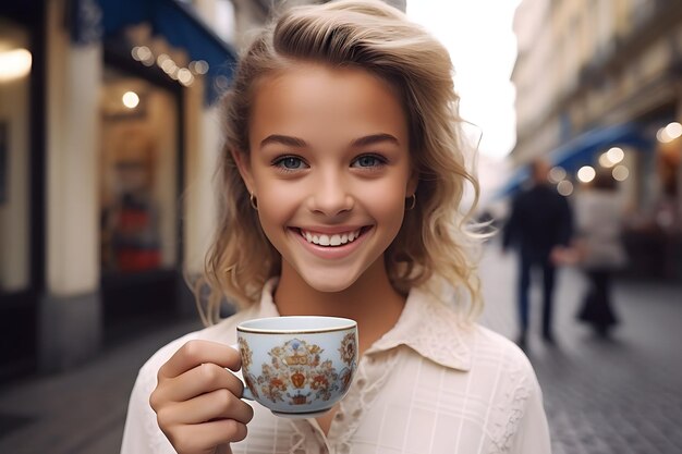 Una ragazza con una tazza e sorridente