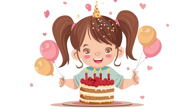 una ragazza con una torta di compleanno e palloncini davanti a lei