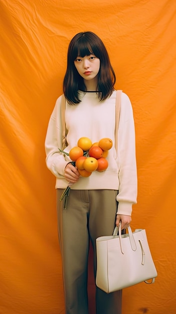 una ragazza con una tote bag arancione con in mano un fiore sullo sfondo
