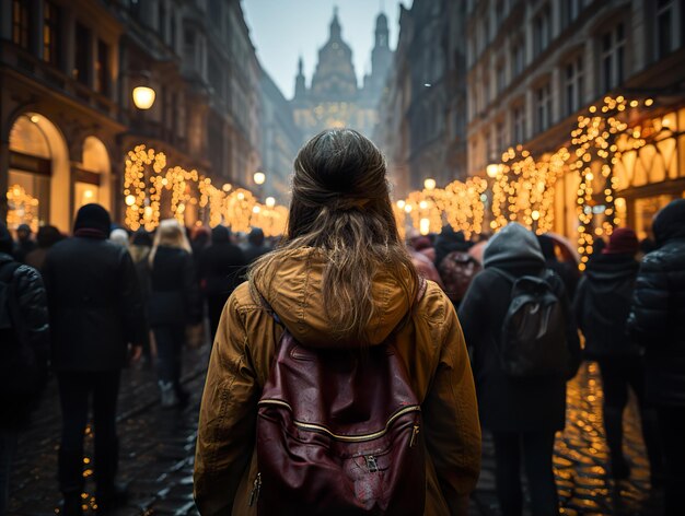 Una ragazza con uno zaino cammina lungo la strada di una città affollata vista dal retro