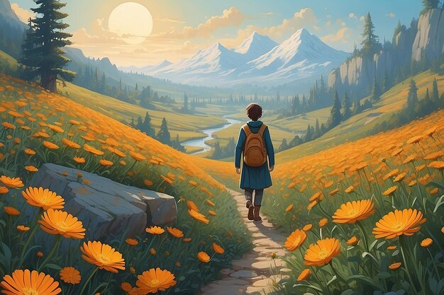 una ragazza con uno zaino cammina lungo un sentiero con fiori sullo sfondo