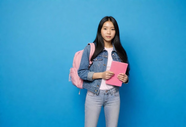 una ragazza con uno zaino e un libro rosa