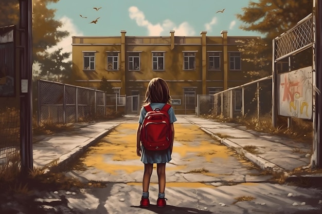 Una ragazza con uno zaino in piedi di fronte a una vista posteriore di un edificio scolastico Rete neurale generata