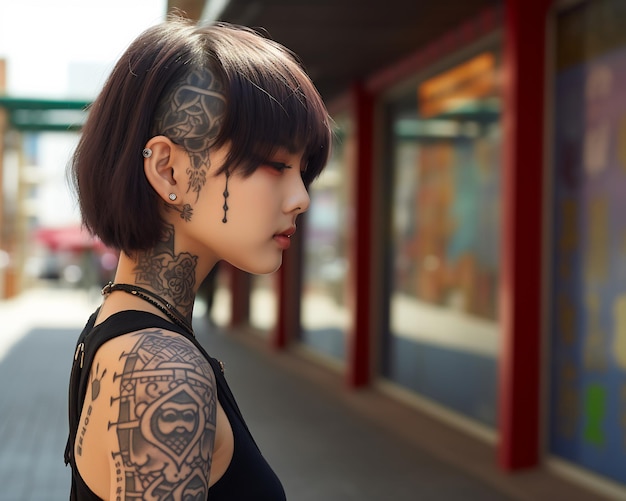 Una ragazza coreana allegra con un tatuaggio che sorride alla telecamera.
