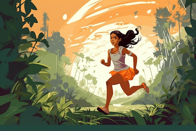 Una ragazza corre attraverso la giungla con la parola giungla in fondo.