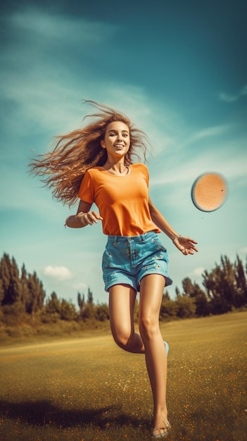 Una ragazza corre con un frisbee in un parco