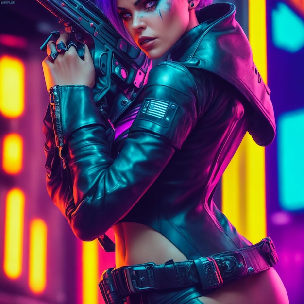 Una ragazza cyberpunk glamour con spada e coltello su uno sfondo viola.