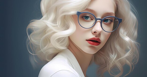 una ragazza dai capelli biondi che indossa occhiali e rossetto in uno stile dai toni tenui e sognanti