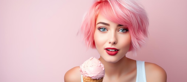 Una ragazza dai capelli rosa con un ampio sorriso tiene un cono gelato rosa su sfondo rosa suggerendo un ampio spazio per il testo