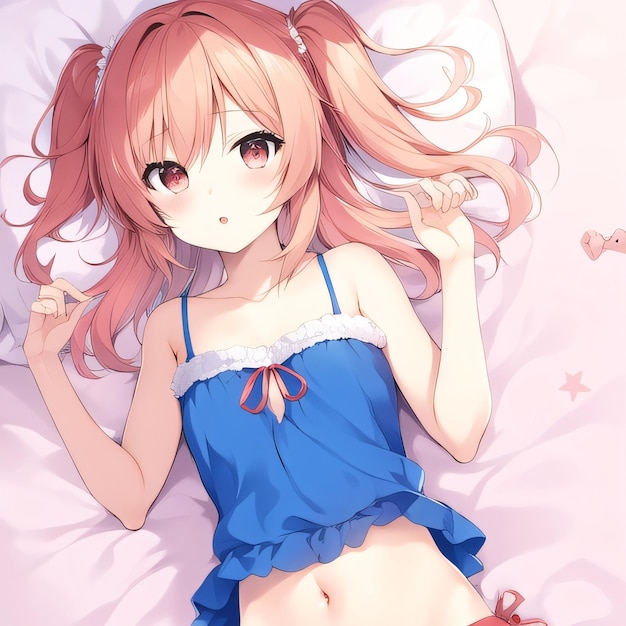 Una ragazza dai capelli rosa è sdraiata su un letto con una maglietta azzurra con la scritta "hello kitty".