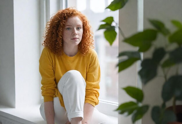 una ragazza dai capelli rossi in un maglione giallo è accovacciata su un davanzale della finestra