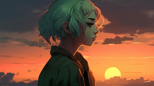 Una ragazza dai capelli verdi si trova davanti a un tramonto.