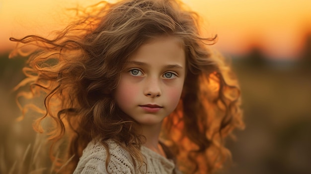 Una ragazza dai lunghi capelli castani si trova davanti a un tramonto