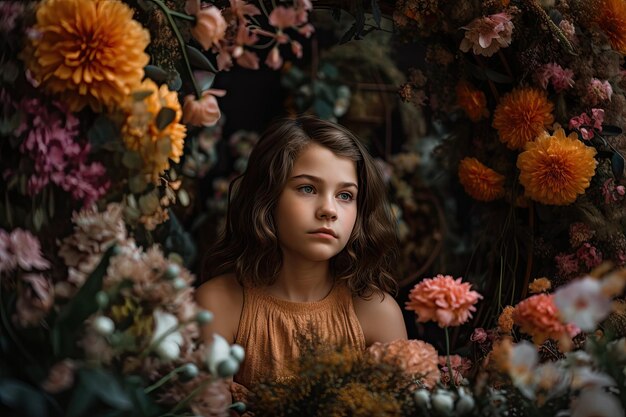 Una ragazza dall'espressione serena circondata da fiori