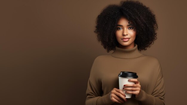 Una ragazza dalla pelle scura con i capelli afro tiene in mano una tazza di carta di caffè caldo Creato con la tecnologia AI generativa